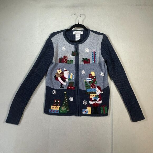 Womens Christmas Cardigan Full ZIp Size L Holiday Santa Claus Presents Tree Xmas - Picture 1 of 12